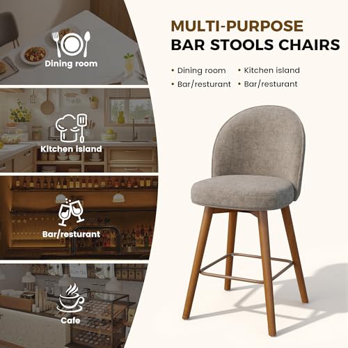 Image of Modern Swivel Bar Stools Set of 3, Chic Upholstered Counter Height(26IN) Bar Chair with Back, Solid Wood Legs and Footrest, Comfortable Chenille Bar Stool for Kitchen Island, Khaki