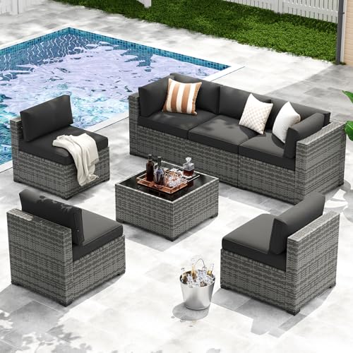 LazySunsets 7-Piece Patio Furniture Set, Wicker Rattan Outdoor Furniture with Thick Cushions, Patio...