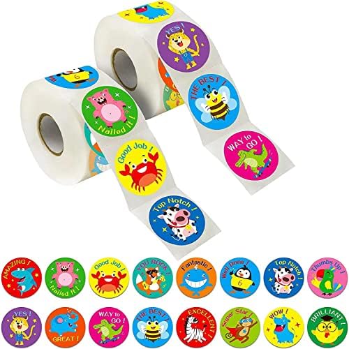 Motivational Stickers 1 inch Cartoon Animal Stickers Rolls - 1000 Pcs Kindergarten Stickers Teacher Stickers for Kids Inspirational Stickers School Stickers Student Stickers 2 Rolls 16 Designs