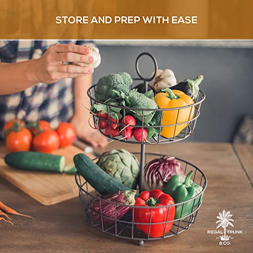 2 Tier Fruit Basket – Regal Trunk & Co. Wire Fruit Bowl or Produce Holder | Two Tier Fruit Basket Stand for Storing & Organizing Vegetables, Eggs, etc | Fruit Basket for Counter or Hanging (2 Tier)