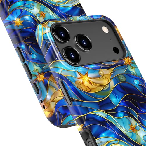 Image of Goodon for iPhone 17 Pro Case Cute - Wireless Charging Compatible - Dual-Layer Hard Shell + Silicone Cover - Protective Phone Case with Trendy Designs for Women - Abstract Bule Gold Water