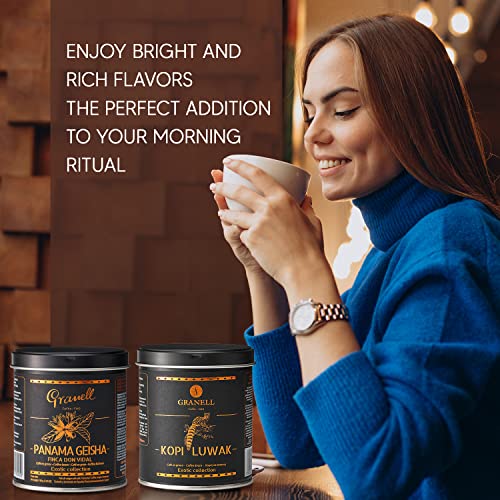 Cafés Granell – Kopi Luwak + Panama Geisha Coffee | Exotic Collection Coffee | Fresh Whole Gourmet Beans | Quality Controlled | 100% Arabica Coffee-Premium Medium Roast | 3.53Oz #TOP5