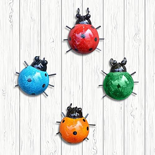CREPRO Metal Garden Wall Art Decor Set of 4 Cute Ladybugs Outdoor Wall Sculptures Metal Ladybug Outdoor Decorations for Patio.
