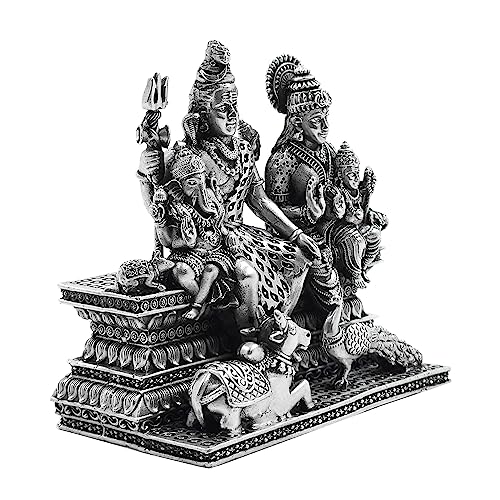 Image of MAA SILVER Pure Silver Shiva Parvati Ganesha Kartikeya Semi-Solid Idol | Shiv Parivar Murti with Antique Oxidized Finish Perfect for Pooja /Puja & Gifting Use (925 Purity)(253 Grams)
