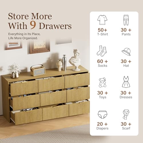 Image of Furniway Mid Century Modern Dresser for Bedroom, 9 Drawer Wood Dresser with Fluted Front and Smooth Slides, 63 inch Wide Chest of Drawers, Natural Oak