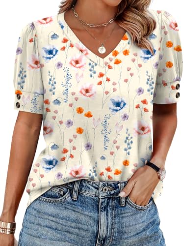 Image of OFEEFAN Womens Tops Short Sleeve Shirts Buttons V Neck Spring Fashion Summer Outfits Plus Size Blouses Dressy Casual