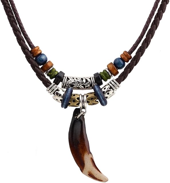 Aabellay Men Leather Tribal Necklace Vintage Bohemian Style Double Layers Braided Beaded Pendant Necklace Boho Hipppie Ethnic Wooden Tooth Rope Beads Choker for Women and Men - WT