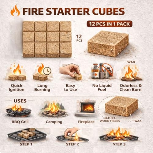 Image of Casa De Amor Natural Fire Starter Cubes for BBQ, Grill, Campfire & Fireplace | Quick & Easy Ignition | Long Burning Lighter Cubes | Odorless & Safe | Pack of Fire Lighting Cubes (1 Pack 12 pcs)