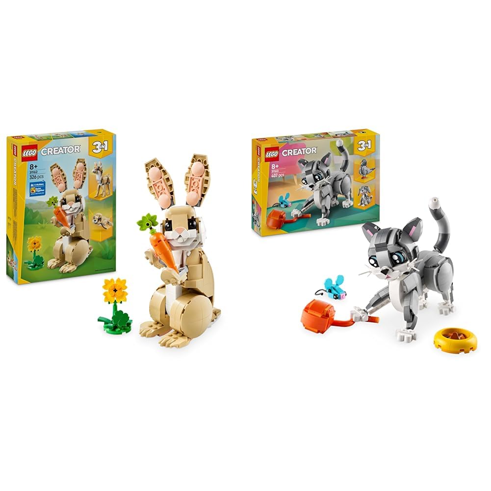 LEGO Creator 3in1 Giocattolo Coniglietto Carino - Si Trasforma in una Figura di Llama o Foca + Giocattolo Gatto Giocoso 3in1 - Si Trasforma in un Piccione o Cane Domestico 31162 + 31163