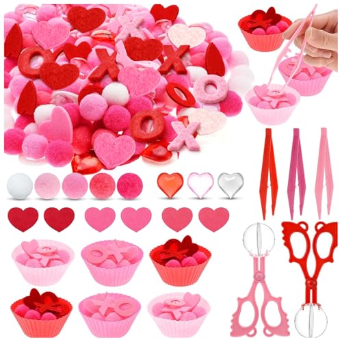 OAXNTGW 264 Pcs Valentine's Day Sensory Bin Items Valentine Counting Sorting Sensory Bin Filler Fine Motor Felt XOXO Acrylic Heart Counts for Valentine's Counting Decor