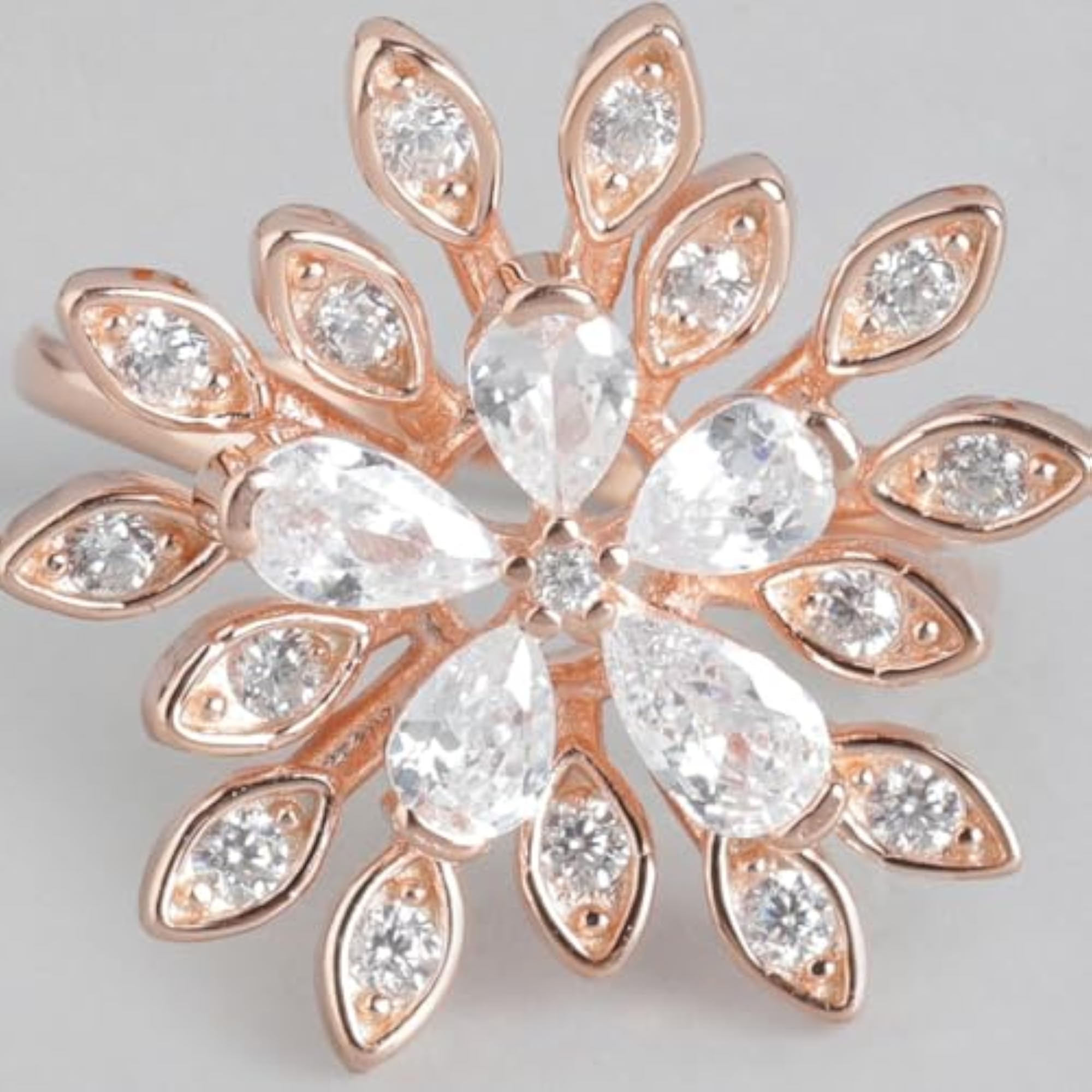 Women's 925 Sterling Silver Floral Studded Rose Plated Ring