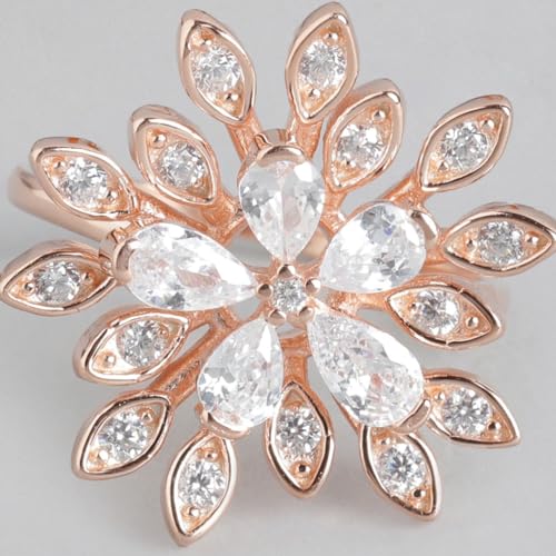 Women's 925 Sterling Silver Floral Studded Rose Plated Ring