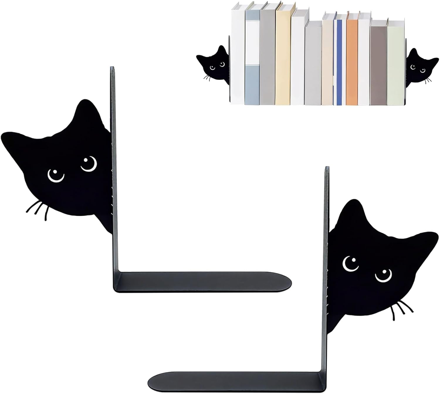 Rayakt 2Pcs Peeping Cat Metal Bookends – Thick Metal Full Face Cat Book Ends with Non-Slip Base, Cute Desk Bookshelf, Book Holder for Decor, Home, Office, Library, School, Cat Lover Gifts