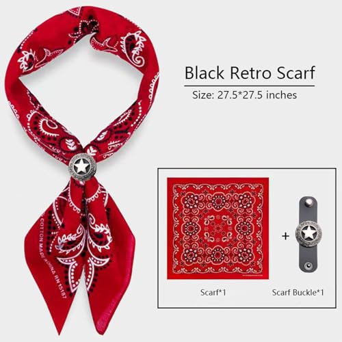 27.5 * 27.5 inches Oversize Bandana Scarf with Star Concho, Red Paisley Pattern, Handmade Leather Square Scarf Buckle Ring, Gifts for Men2