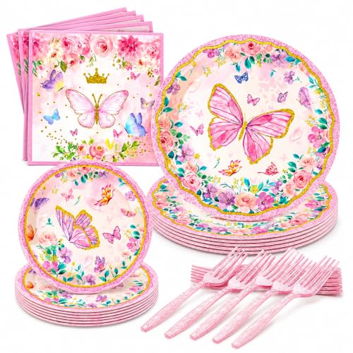 Butterfly Party Supplies for 24 Guests 96 Pcs Pink Butterfly Disposable Party Tableware Set with Plates Napkins and Forks Birthday Decorations for Girls Baby Shower & Spring Party