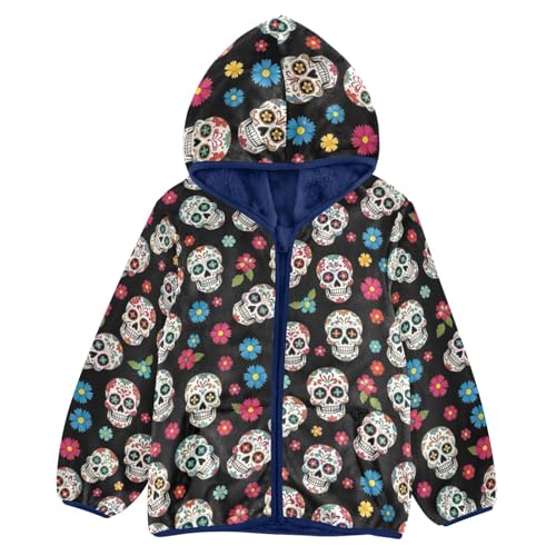 CHIFIGNO Sugar Skulls Flowers Black Boys Winter Jacket, Toddler Fleece Zip up Jacket Soft for Fall Winter Spring 3T