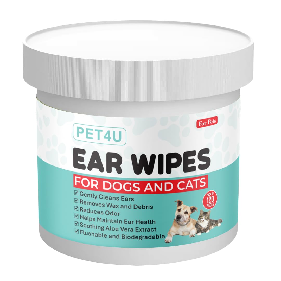 Gentle Ear Wipes for Dogs and Cats - 120 Wipes - Soothes Irritation, Removes Wax & Dirt - Safe for Sensitive Ears, with Aloe Vera & Castor Oil - Biodegradable & Flushable