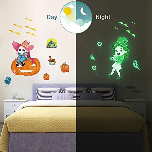 MESU Luminous Halloween Witch Wall Stickers Glow in The Dark Cartoon Girl Decals Pumpkin Ceiling Room Decor for Kids Room Witch - Image 3