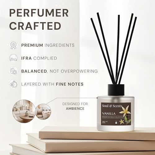Image of Soul & Scents 50ml Vanilla Reed Diffuser Set | Blend of Toasted Coconut, Vanilla & Musk | Get 5 Rattan Reed Sticks | Smoke Less Room Freshener for Home, Bedroom, Living Room & Office