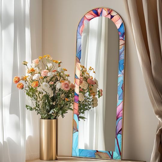 23,5’’W x 67’’H Color Bloom Aura – Floral Floor Mirror Arched Full Lenght Mirror - Arch Full Body Stained Floor Mirror with Black Frame with Black Frame