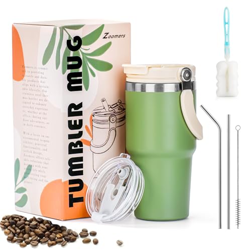 Zoomers Taza Termo Cafe para llevar con Pajitas Acero Inoxidable. Vaso Termo Cafe para llevar con Pajitas y 2 Tapas Antifugas.Vaso Termico Cafe Acero Inoxidable.Taza Termica Tumbler Mug 600 ml