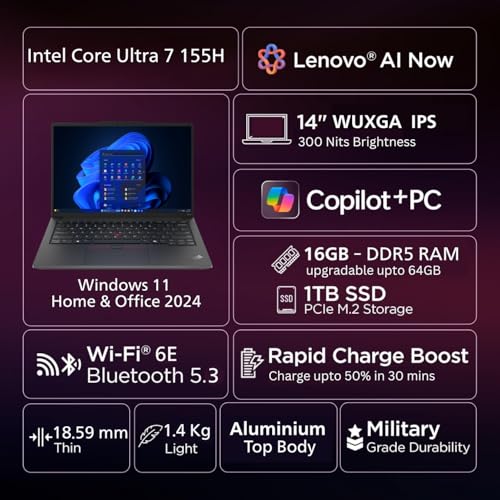 Image of Lenovo ThinkPad E14 AI PC Intel Core Ultra 7 155H | Copilot Key | 16GB RAM | 1TB SSD | 14 inch WUXGA IPS 300 Nits | Win 11 + Office 2024 | Backlit | Fingerprint | 1.42 kg | 1Y Onsite | Black - 21M7S0SG00
