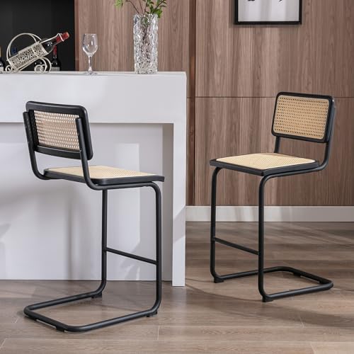 JIRAIN Modern Bar Stools Set of 2, 24 Inch Rattan Counter Height Bar Stools, Low Back Bar Stools with Cane Seat, Counter Height Chairs with Metal Legs for Kitchen Counter, Black