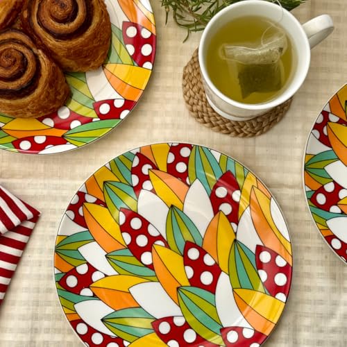 Image of GOLDEN QUEEN'S Snack Plates Set of 4 | Perfect for Snacks, Desserts, Appetizers, Salads, Tapas, Cheese | 7 inches Wide | Microwave Safe (Red & Yellow Abstract)