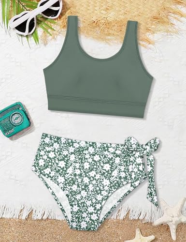 Image of Girls Tankini Swimsuits Tropical Print Bathing Suit Two Piece Girls' Swimwear with Tie Side Knot 9-16T