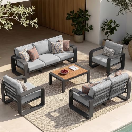 Image of Oversized Aluminum Outdoor Furniture Set, Extra Large Patio Furniture Sofa Set 4.8 inch Widened Armrest & Ultra-Thick Cushions, 5 Pcs Modern Patio Sectional for Backyard, Porch, Gray