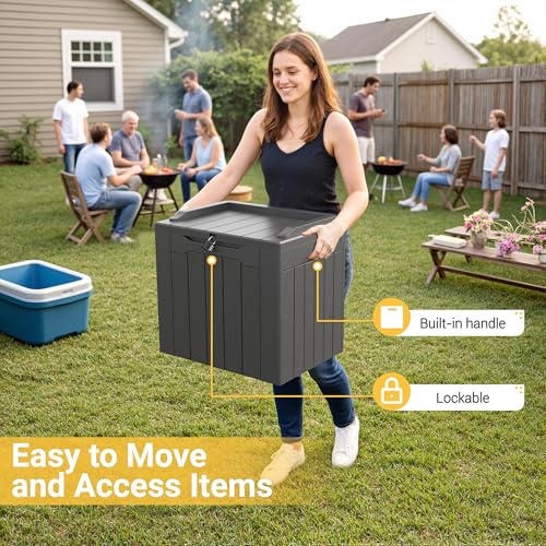 Image of Greesum Outdoor Storage Box 31 Gallon Storage Box with Lid for Patio Furniture, Garden Tools, Pool Supplies, Waterproof and UV Resistant, Lockable, Dark Grey