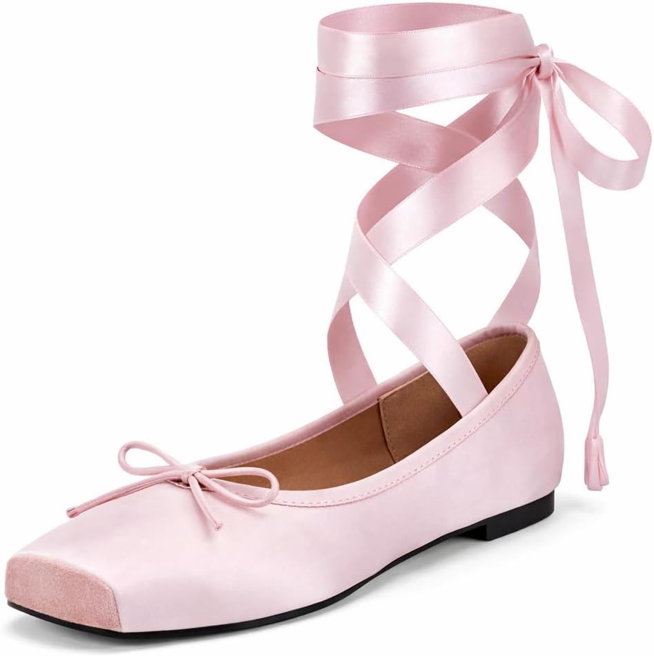 Womens Satin Ballet Flats 2026,Closed Square Toe Lace Up Bow Pumps Prom Shoes Arch Support Ankle Strap Ribbon Ballerina Comfortable Dressy Dance Wedding Bride Chunky Block Heel Flats