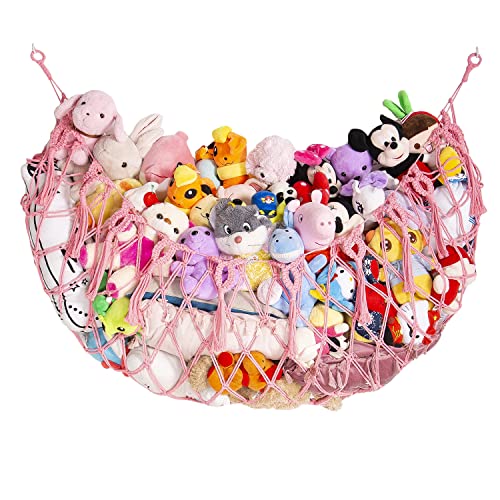 Image of YKBU Stuffed Animal Net or Hammock Wall Hanging Net for Stuffed Animal Storage Macrame Toy Display Plush Toy Holder Soft Toy organizer for Nurery Baby Bedroom Playroom-Pink