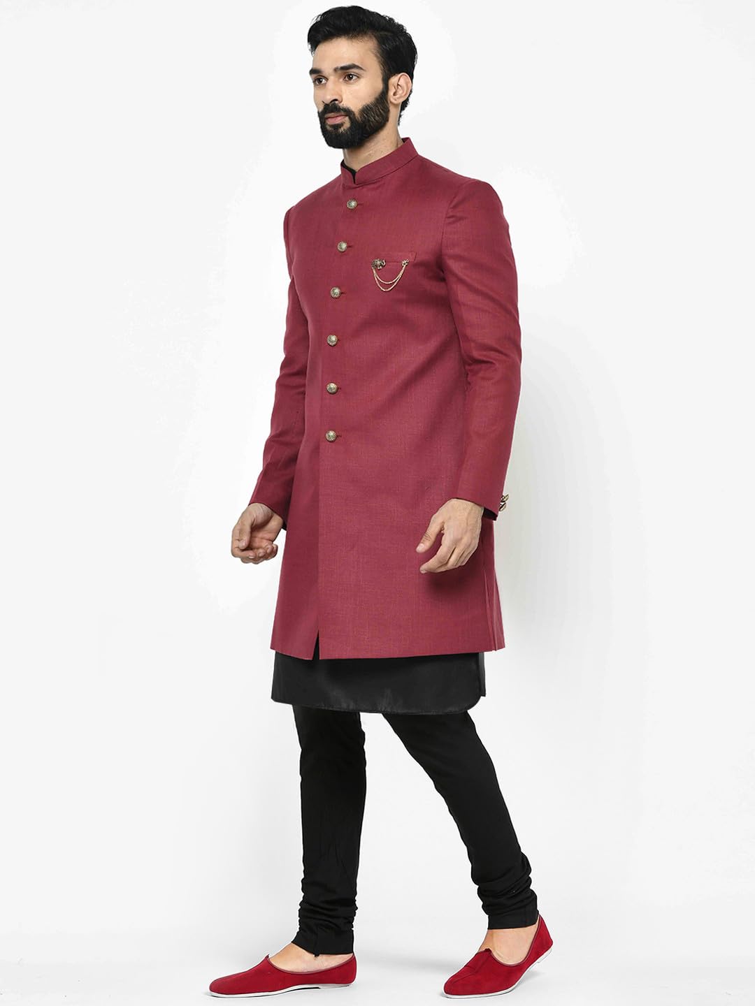 Kisah Men's Indo-Western Kurta Sherwani Churidar Set, Maroon Cotton Blend, Solid Dyed Regular Fit Mandarin Collar Full Sleeves (44)