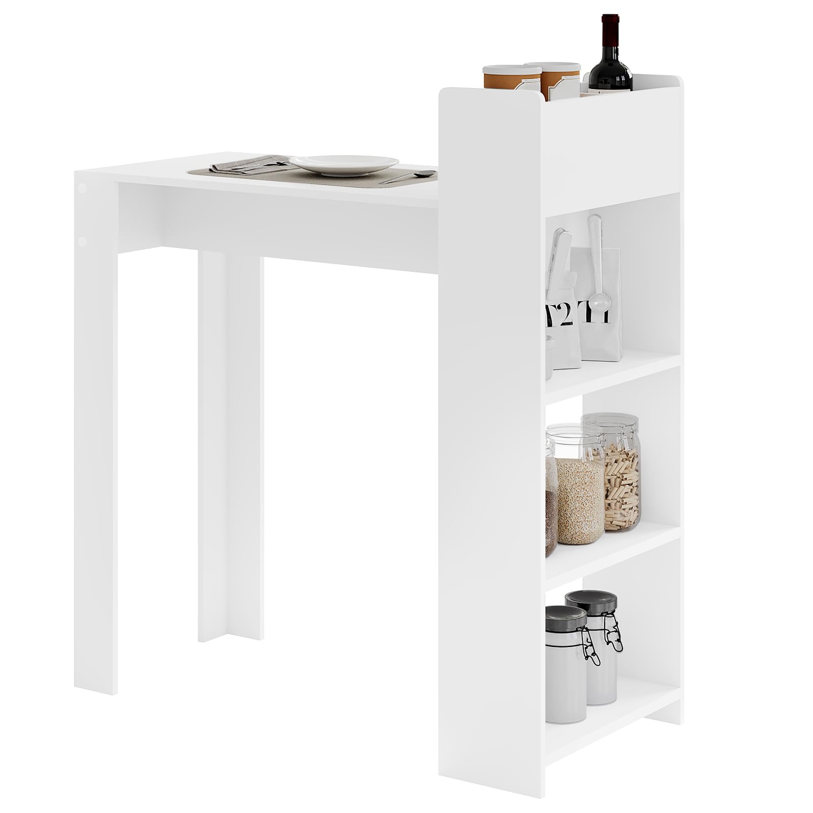 WOLTU Mesa de Bar, Mesa Cocina Alta, Mesa Comedor con Almacenamiento, Mesa de Bistro Elegante, 2 Compartimentos Abiertos y 3 estantes, 110X48X120 cm, Blanco