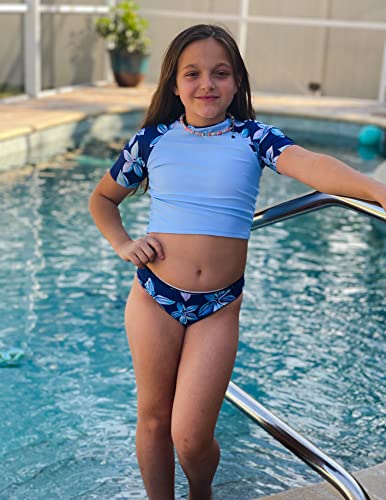 Arshiner Girls' 3 Piece Swimsuits Short Sleeve Crop Rash Guard Top Bikini Bottoms Set With Cover Up Beach Skirt Blue Floral Bathing Suit Size 8 #TOP3