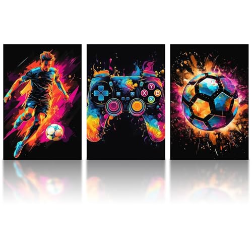 milaosk 3 Estampes Poster Gaming Affiches Murales de Jeu Art Toile Peintures Manette Football Colorés Images Decoration Chambre Garcon Adolescent Salle de...
