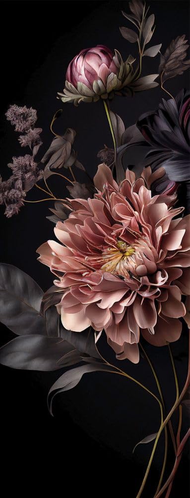 artissimo, Glasbild, 30x80cm, AG5463A, Vintage Flowers: Opulente Blüten II, Bild aus Glas, Wandbild Wonzimmer modern, schmal hoch, Blumen schwarz rosa