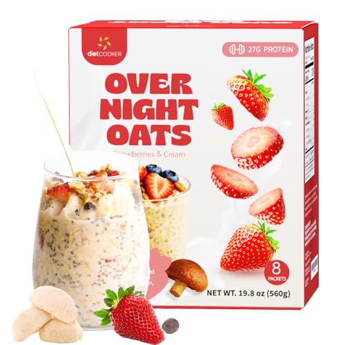 DIET COOKER Mushroom Overnight Oats, 27 g de proteína y sabor a fresa, batido de avena con alto contenido de proteínas y alto contenido de proteínas sin gluten con semillas de chía, hongo melena de