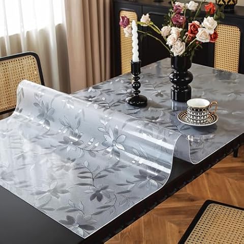 OstepDecor Floral Table Protector 36 x 63 Inch 1.5mm Thick Plastic Table Cover Frosted Table Protector for Dining Room Table, PVC Desk Protector Mat Pad for Kitchen, Wooden Table & Hardwood Floor Cover