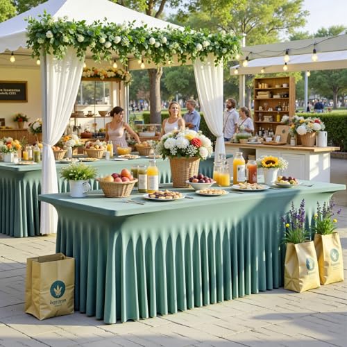 Image of NSSONBEN 2 pk Sage Green Spandex Tablecloth for 8 Foot Rectangle Tables,Wrinkle Free Fitted Spandex Table Covers 8ft Stretch Table Cloths with Ruffle Skirt for Parties Weddings Banquet Baby Shower