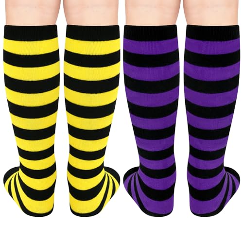Image of Sarfel Kids Soccer Socks Toddler Soccer Socks Girls Boys Soccer Socks Kids Tube Socks with Stripes Toddler Knee High Socks, 2 Pack Black /Yellow Stripe, Black /Purple Stripe, 3-6 Years