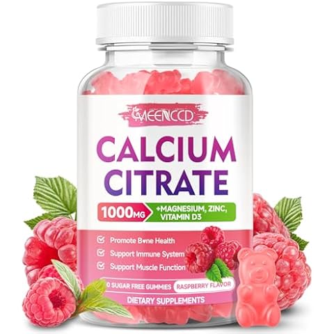 Calcium Citrate Gummies 1000mg w/Vitamin D3, High Absorption Calcium Supplement for Women & Men, Plus Magnesium, Potassium, Zinc for Muscle & Immune, Sugar-Free, Raspberry Flavor, 60 Count Cover