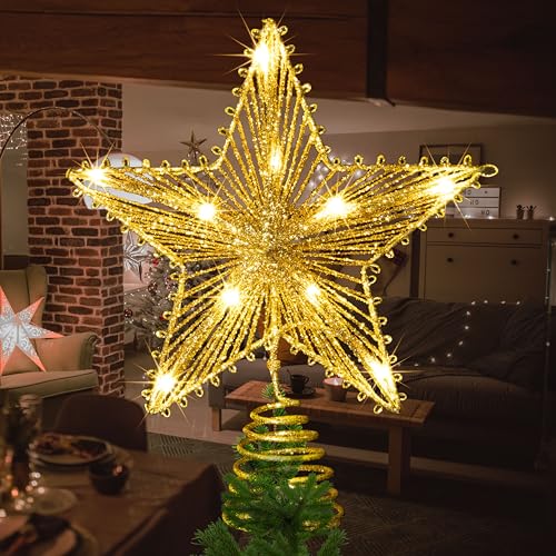 Étoile sommitale élégante pour Sapin de Noël (20x25cm) – 10 LEDs lumière Chaude avec Fil Pet Scintillant et Structure en Fer, décoration de cime de...