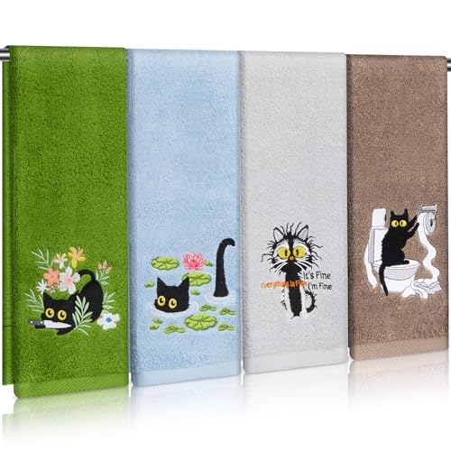 SmoothNovelty 4 Pack Funny Black Cat Hand Towels Embroidered Towels Set for Bathroom Kitchen Decor Soft Absorbent Cotton Face Wash Cat Lover Gifts for Women Men Home Accessories 29 x 13