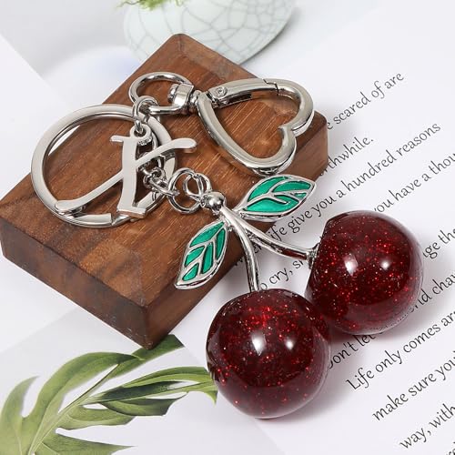 Heart-Shaped Keychain with Initial A-Z and Cherry Charm Bag Charms for Women,Car Accessories