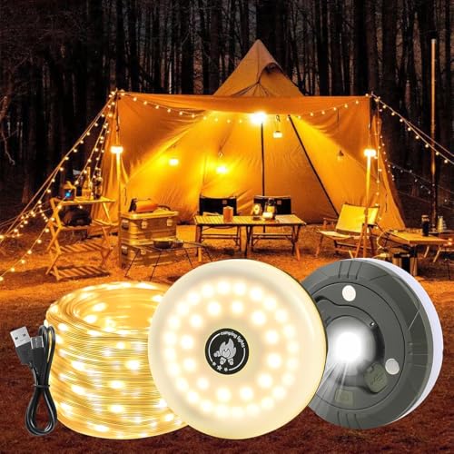 Guirnalda de luces de camping, 10 m, 4 en 1, impermeable, portátil, para exteriores, luz cálida USB, luz de carga rápida tipo C, luces de hadas de camping para decoración de camping, patio, senderismo