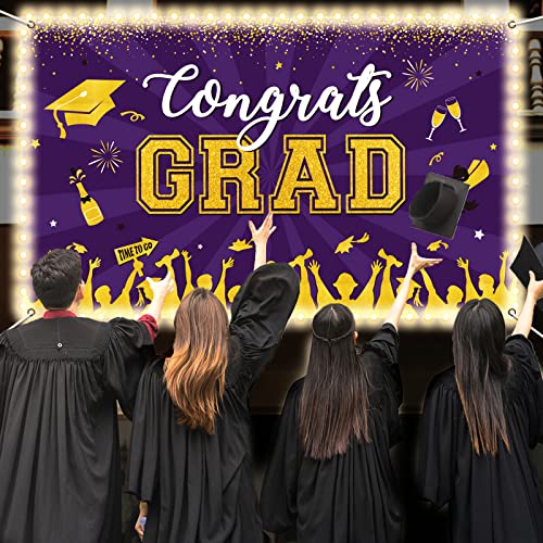 Image of Purple Graduation Banner with Led-Light Strips 71 inch x 43 inch Class of 2024 Congrats Grad Backdrop Graduation Party Decorations for 2024 Prom Graduation Party Decor Supplies