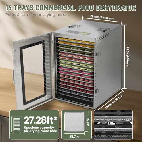 Commercial Food-Dehydrator Machine 16 Trays, 27.28ft² Industrial-Dehydrator Large Capacity, 70ºF-190ºF Commercial Food-Dryer Machine, 1500W Meat Dryer for Fruit,Herbs,Beef Jerky Maker