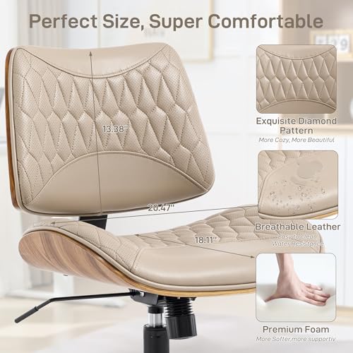 Image of Office Chair No Arms with Wheels, PU Leather Adjustable Height Small Desk Chair, Modern Mid Back Swivel Rolling Armless Computer Task Chair for Home Office, Meeting Room, Study, Khaki